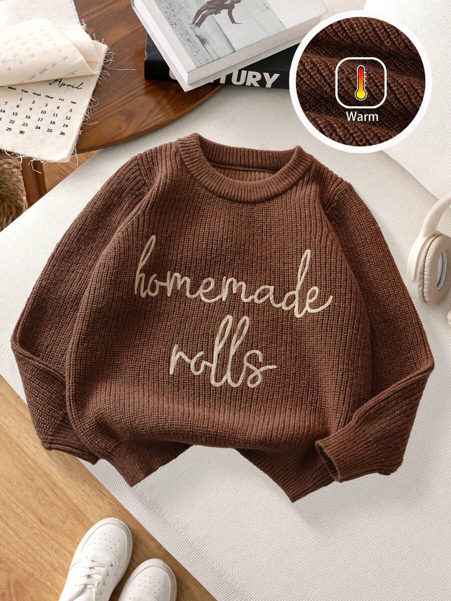 Boys' Simple English Letter Embroidered Knit Pullover Sweater, Suitable For Casual Everyday Wear, Spring/Autumn/Winter - Brown - View 1