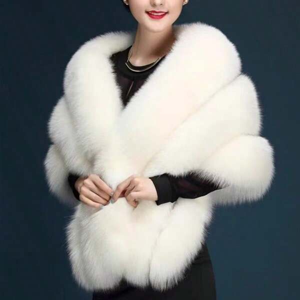 1pc Fashionable Versatile Faux Fox Fur Shawl, Bridal Wedding Shawl, Solid Color Faux Fur Suitable For Daily Wear
