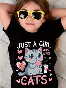 Girls' Black Cat Lover T-Shirt - JUST A GIRL WHO LOVES CATS Graphic Tee With Cute, Soft Knit Everyday Summer Top For Girls Ages 4-10 (NY-DX6079) - Perfect Birthday Party Outfit Or Gift For Kitty Girls, Cat Tshirt, Fun Text Design, Comfortable Fit, Playful Print, Durable Stitching, Casual Knitwear - 黑色 - 查看 1