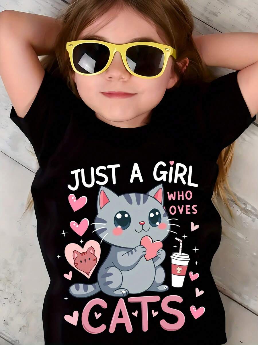 Girls' Black Cat Lover T-Shirt - JUST A GIRL WHO LOVES CATS Graphic Tee With Cute, Soft Knit Everyday Summer Top For Girls Ages 4-10 (NY-DX6079) - Perfect Birthday Party Outfit Or Gift For Kitty Girls, Cat Tshirt, Fun Text Design, Comfortable Fit, Playful Print, Durable Stitching, Casual Knitwear - 黑色 - 查看 1