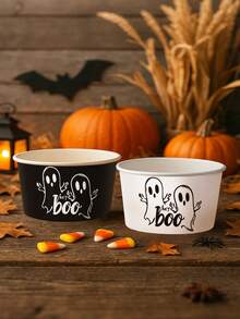 10pcs Halloween Themed Disposable Paper Bowl, Halloween Black White Ghost Pattern Party Decoration Paper Bowl, Halloween Ghost Disposable Food Container, Halloween Dining Table Decoration Paper Bowl, Halloween Horror Element Disposable Paper Container, Paper Bowl Container For Treat Candy Snack Nacho Cookie Trick Or Treating Birthday Party Favor, Halloween Decoration, Halloween Food Tray
