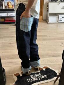 Men's Plaid Patch Cuffed Jeans Premium Oversized Wide-Leg Straight-Leg Casual Pants - Kẻ sọc xanh - Xem 3