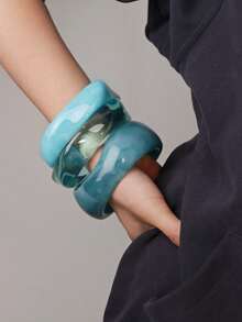 3pcs/Set Blue Tone Acrylic Bracelet Set, Elegant Minimalist Adjustable Bangle, Suitable For Daily Wear And Vacation