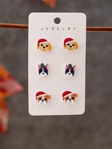 3 pares de aretes de perros navideños de acrílico, lindos cachorros con gorro de Navidad, joyas festivas de vacaciones como regalo para mujeres y niñas