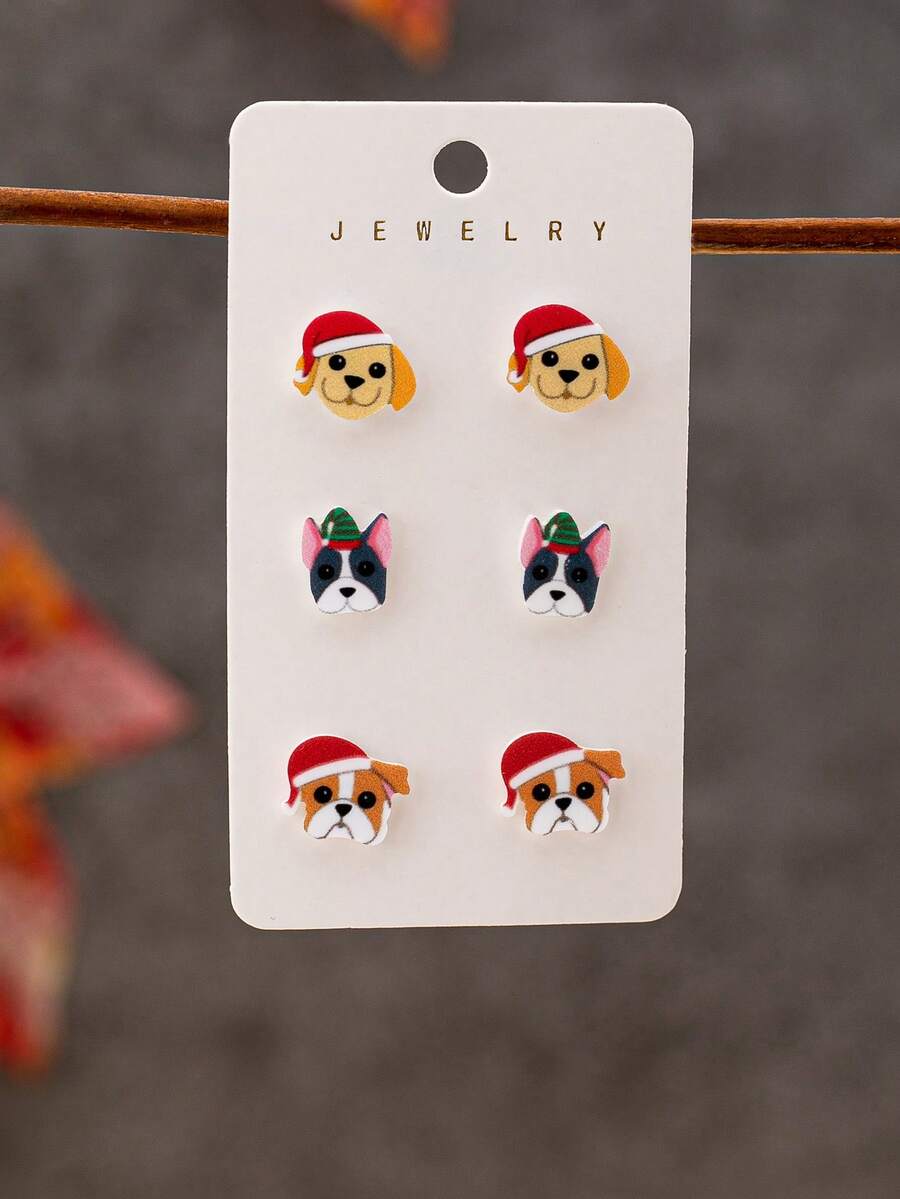 3 pares de aretes de perros navideños de acrílico, lindos cachorros con gorro de Navidad, joyas festivas de vacaciones como regalo para mujeres y niñas