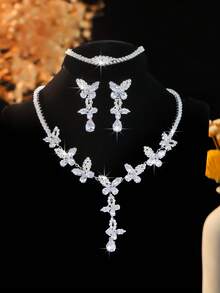 3 件立方氧化锆蝴蝶设计精致百搭项链和耳环套装，适合女性日常、学校、约会、婚礼、派对、情人节、节日礼物 - 蝴蝶型 - 查看 4