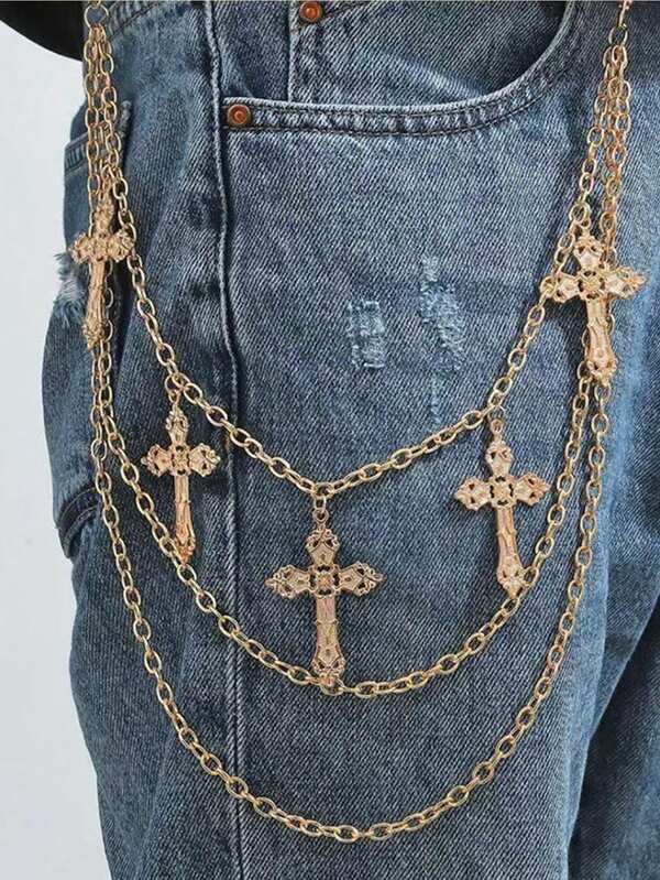 1pc Punk Gothic Style Multi-Layer Metal Chain Body Chain, Classic Cross, Sword, Floral Pendant Waist Chain, Versatile