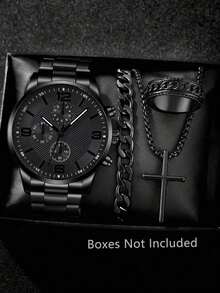 4pcs/Set Men's Black Strap Casual Business Three-Eye Mixed Dial Quartz Watch, Bracelet, Necklace, Ring Jewelry Set, Suitable For Daily Wear Or As Holiday Gift For Friends And Fathers - Black - View 6
