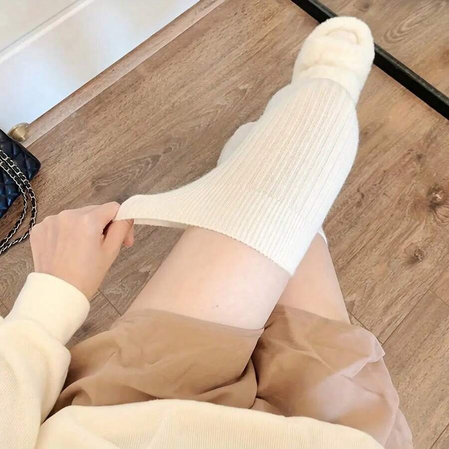 1 Pair Of Women'S Autumn And Winter Thickened Over-The-Knee Socks Solid Color Simple Women'S Socks Vertical Striped Socks Warm Over-The-Knee Socks - Màu be - 1 đôi - Xem 1