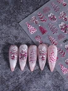 2PCS Pink Christmas Tree 5D Embossed Nail Stickers Bow Lights Crystal Ball Festival Bright Pattern Nail Art Decals Self-Adhesive Manicure Sliders Nail Accessories For Christmas New Year Holiday Gift