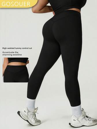 GOSOUER Vrouwen plus size effen kleur elastische taille zachte comfortabele yoga legging voor casual mode buitensporten fitness