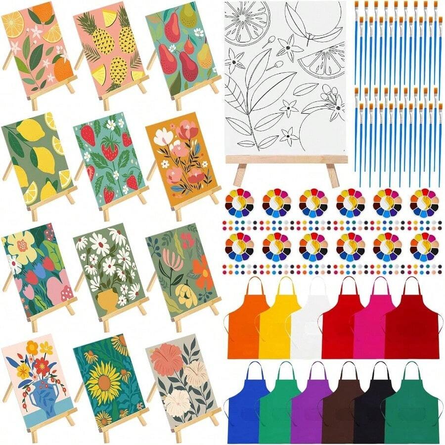 96 Pcs Flower Fruits Pre Drawn Canvas Kit Sip And Paint Set Adult Pre Printed Cute Canvas Sip And Paint Party Favor Virtual Party Gifts Painting - 彩色 - 查看 1
