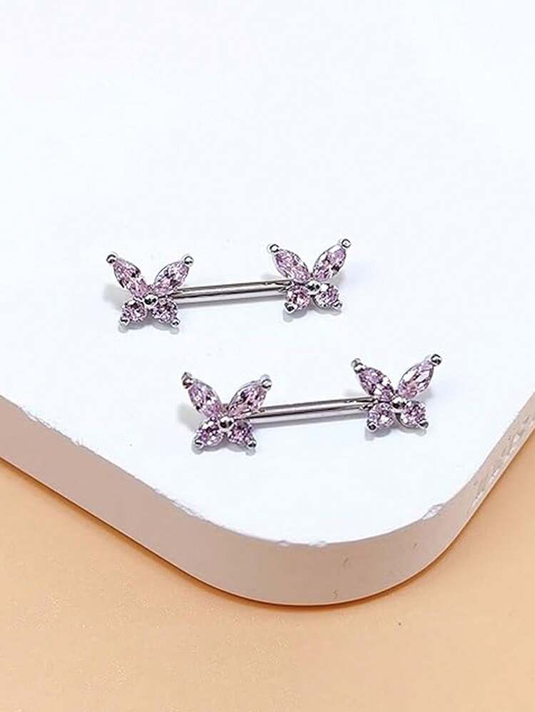 2Pcs Butterfly Nipple Piercing Stick, Couples Fashionable Romantic Cute Nipple Ring, With Zirconia Butterfly End External Thread Chest Ring Nipple Piercing Gift - Multicolor - View 7