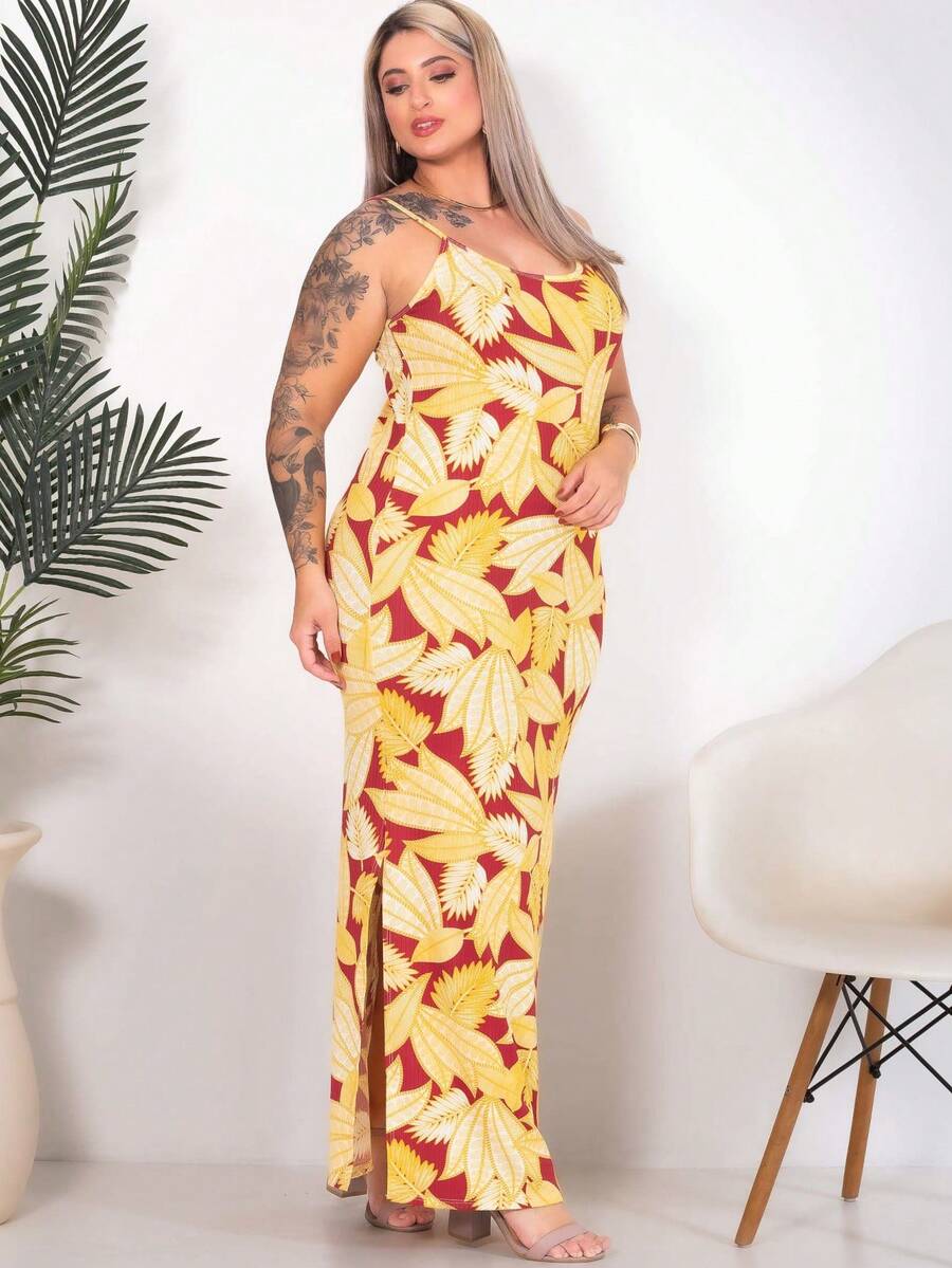 Vestido Alça Floral Modelo Curvy Moda Plus Size Alcinha Fenda Canelado Curve Longo Elastano Festa Social Gestante Flor Confortável