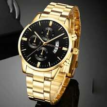 Men's Watch, Calendar Function, Business And Casual Styles, Round Dial Quartz Watch, Suitable For Everyday Wear, Back-To-School Season, Graduation Season, Thanksgiving, And Couples' Outfits; An Excellent Gift Choice; Does Not Include A Watch Box - Gold - View 6