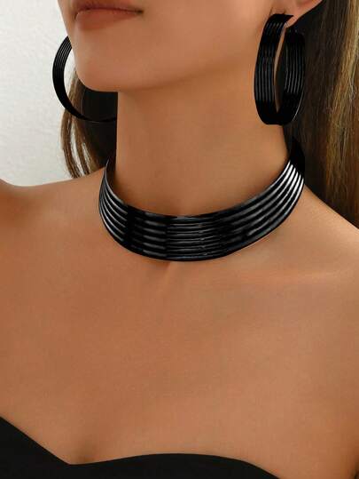 3件套几何金属夸张金色颈链和耳环套装