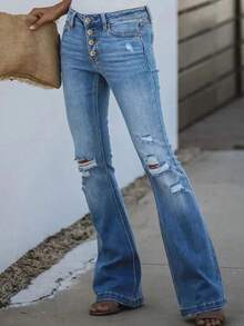 Women's Flared Denim Pants - Mid-Rise Stretch Bootcut Design, Classic Wash, Practical Pockets, Button & Zip Closure, Versatile Casual Style - 淺色水洗藍 - 查看 4