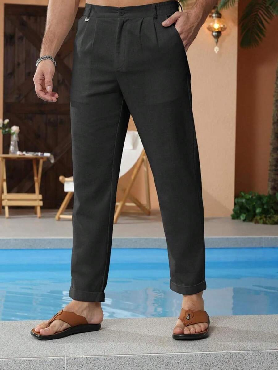 Runcati Mens Linen Pants Casual Elastic Waist Trousers Summer Beach Lightweight Pants - Black - View 1