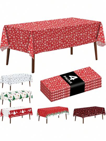 1/4pcs-Christmas Disposable Tablecloth, Snowflake Christmas Tree Tablecloth Disposable Plastic Tablecloth Tablecloth For Christmas Party Decoration Supplies, Home Restaurant Decoration 54 X 108 In