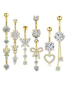 7 piezas de anillos de ombligo/anillos de botón con mariposa, corazón, flor y borlas en tono dorado, joyería personalizada adecuada para uso diario - Dorado - Ver 18