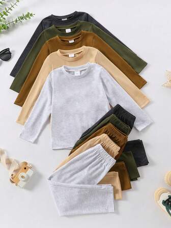 10pcs/Set Boys' Solid Color Casual Soft Comfortable Lightweight Knit Fabric Long Sleeve T-Shirt And Pants Set, Autumn/Winter