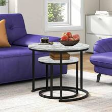 SG Traders Round Nesting Coffee Table Set - Wooden Nest Of Tables, Stackable Round Coffee Table For Living Room, Industrial, Stylish Nested Tables - Set Of 2 (Rustic Wood) - White Marble Effect - View 5