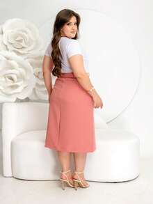 Elegant Tailored Evangelical Midi Skirt With Belt, Pocket And Buttons - Rusty Rose - View 2