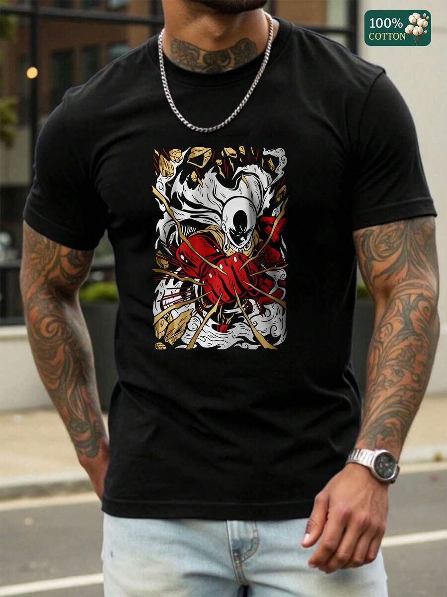Men's Graphic T-Shirt, Casual Summer Tee With Saitama One-Punch Man Fist Print In Bold Red & White, Cotton Comfort, Everyday Wear For Anime Fans, Gift For Men Who Love One-Punch Man, Classic Fit That Flatters All Body Types - màu đen - Xem 1