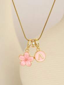 1 件精致时尚可爱粉色幸运五叶花 A-Z 26 个英文首字母吊坠不锈钢金项链，适合女士和女孩日常佩戴、生日礼物 - 金色 - 查看 3
