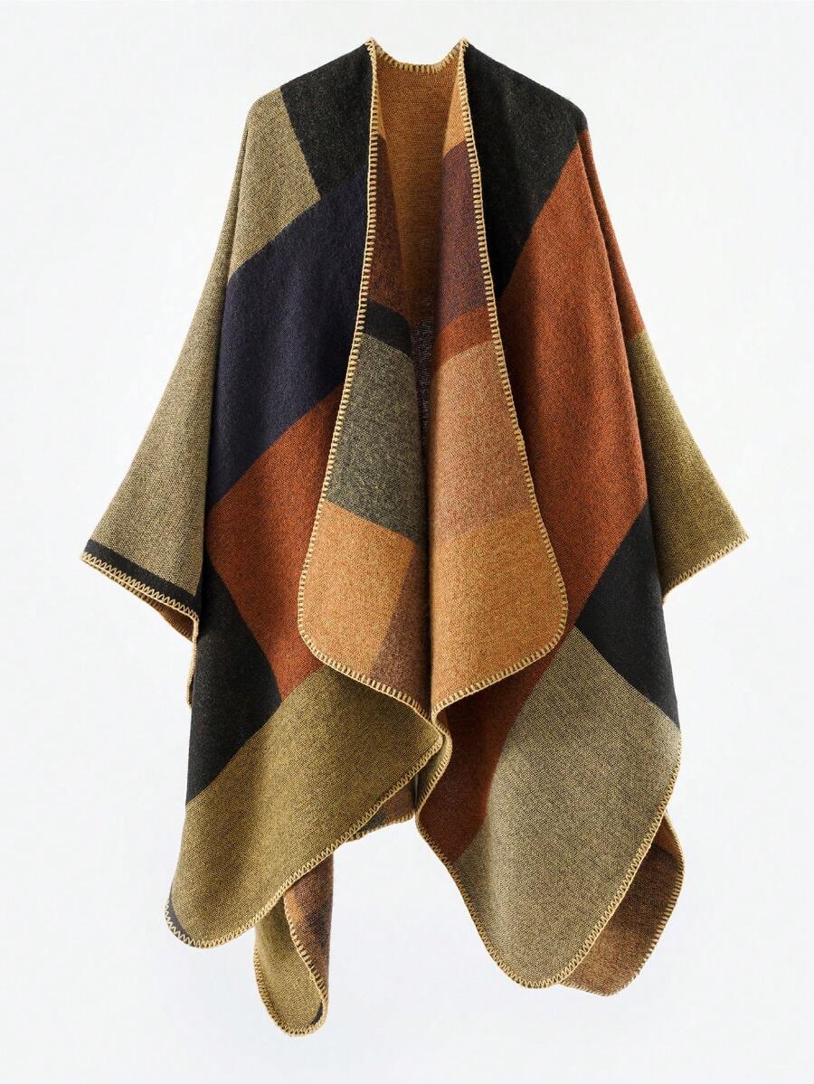 1 chiếc khăn choàng Poncho kẻ caro nhiều màu thời trang đa năng dành cho nữ, thích hợp sử dụng trong nhà có điều hòa và ngoài trời để mặc khi đi tiệc - Nghệ - Xem 1