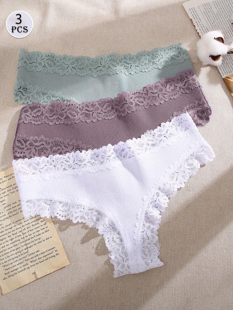 3 件装性感蕾丝内裤，轻薄透气棉质女士三角内裤