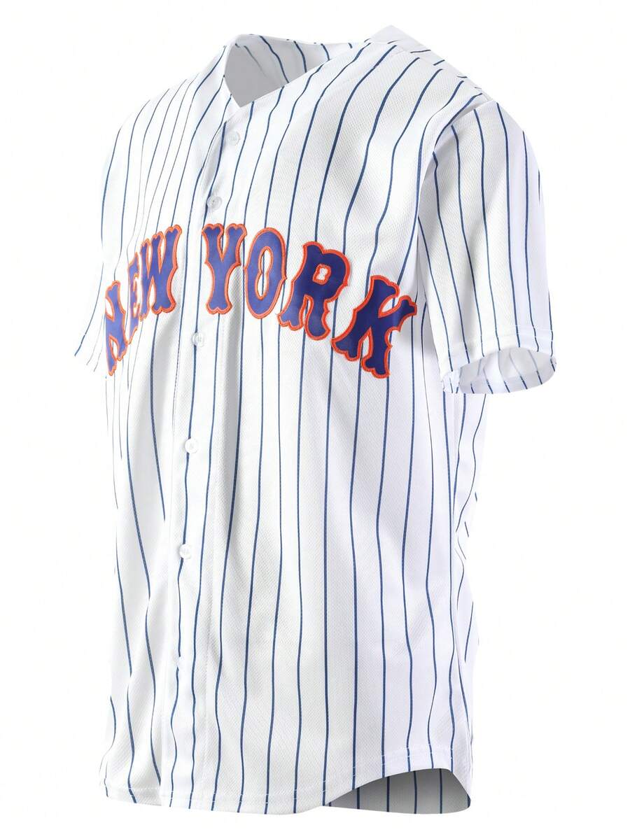 Camiseta de béisbol bordada para hombre, blanca, de manga corta, cuello en V y abotonada, informal, para fiestas y deportes - Blanco - Ver 1