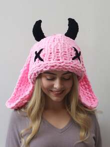 ‌Mystical Devil Horns Knitted Beanie With Soft Plush Ears,Ultra-Warm Winter Hat For Men & Women, Gothic & Punk Fashion Accessory, Halloween & Cosplay Costume