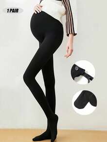 1 Pair Maternity Black Full Length Tights With Adjustable Belly Band, Suitable For Spring/Autumn, Everyday Use - Black - View 5