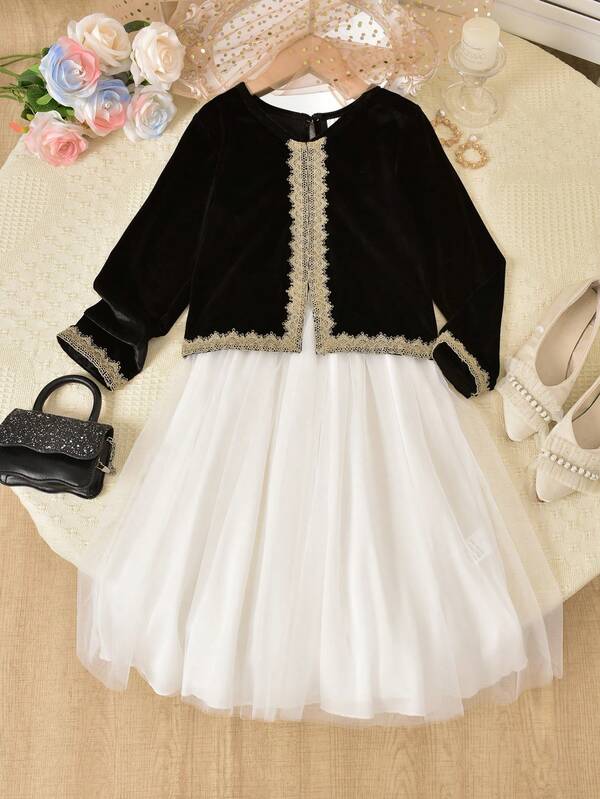 Vihyde Set da 2 pezzi di top a maniche lunghe in velluto nero e oro con fondo svasato e gonna a doppio strato in tulle per ragazze pre-adolescenti