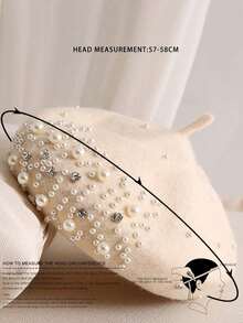 1 件男女通用 Y2K 风格珍珠和水钻贝雷帽，户外防风休闲保暖冬季帽，适合日常通勤 - 米色 - 查看 3