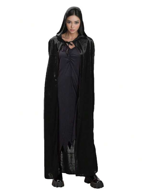 1 pieza Capa con capucha de unicolor y terciopelo, adecuada para cosplay, bruja, atuendo misterioso, Halloween, todas las estaciones