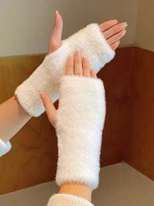 1 Pair Women's Solid Color Fuzzy Warm Fingerless Gloves, Outdoor/Indoor Use, Elastic Knitted Half Finger Gloves For Writing, Office, Autumn/Winter - Solid Color Mittens - View 9