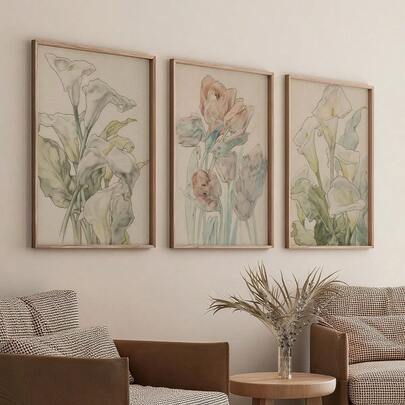 3幅粉彩郁金香百合花卉水彩画印刷品，无框植物厨房墙饰，浪漫礼物，波西米亚风花卉海报，复古花卉艺术墙画，适用于客厅、卧室、家庭办公室、走廊、家居和房间装饰的帆布画