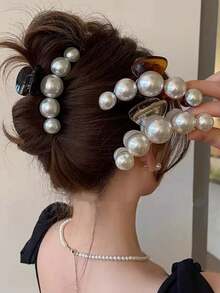 1pc Fashion Pearl Large Minimalist Elegant Acrylic Hair Claw Clip, Suitable For Party, Commute, Outfit Matching - Multicolor - View 1