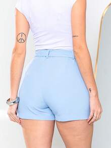 Women's Shorts Simple With Pocket And Fabric Belt, Zipper Holiday And Beach S779 - 淺藍色 - 查看 4
