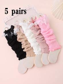5 Pairs Kids Solid Color Lace Ruffle Bow Decorated Leg Warmers, Ribbed Knit Cuffs, Fashion Suitable For Autumn/Winter