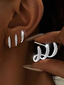 1 Pair, Silver Women's Claw Shaped Earring Set, Super Sparkling Synthetic Material, Dazzling, Exquisite And Lovely, Luxurious And Elegant, Suitable For Various Occasions, Low Allergy, The Best Christmas Gift - Bạc - Xem 2