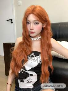 alicegarden 前额蕾丝卷发假发，橙色长卷发假发，30 英尺长，中长款，自然逼真的假发，适合日常使用 - 臟橘色 - 查看 4