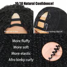 DZfirst Tóc giả sợi tổng hợp kiểu dáng mới, xoăn bồng bềnh, rẽ ngôi chữ V, dài 16 inch, mềm mại, xoăn nhẹ, che phủ toàn bộ đầu, rẽ ngôi chữ V, không cần để lộ tóc thật, kiểu tóc giả nửa đầu cài kẹp. - màu đen - Xem 10