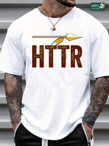 Men's Vintage Retro HTTR Arrow Graphic T-Shirt, Worn-In Distred Print With Brown & Gold Accents,  Soft Cotton Casual Tee For Everyday Wear, Father's Day Gift Idea For Dads Who Love Classic Style - 白色 - 查看 1