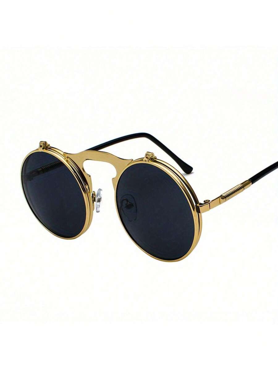 1 Piece Men's Vintage Punk Flip Eyewear - Round Frame, Gold & Black Color Scheme, Lightweight Durable Material, Retro Punk Aesthetic, Fashion Sleek Style, Ideal For Daily Wear/Outdoor/Street Fashion, Budget-Friendly Accessory - 金黑色 - 查看 1