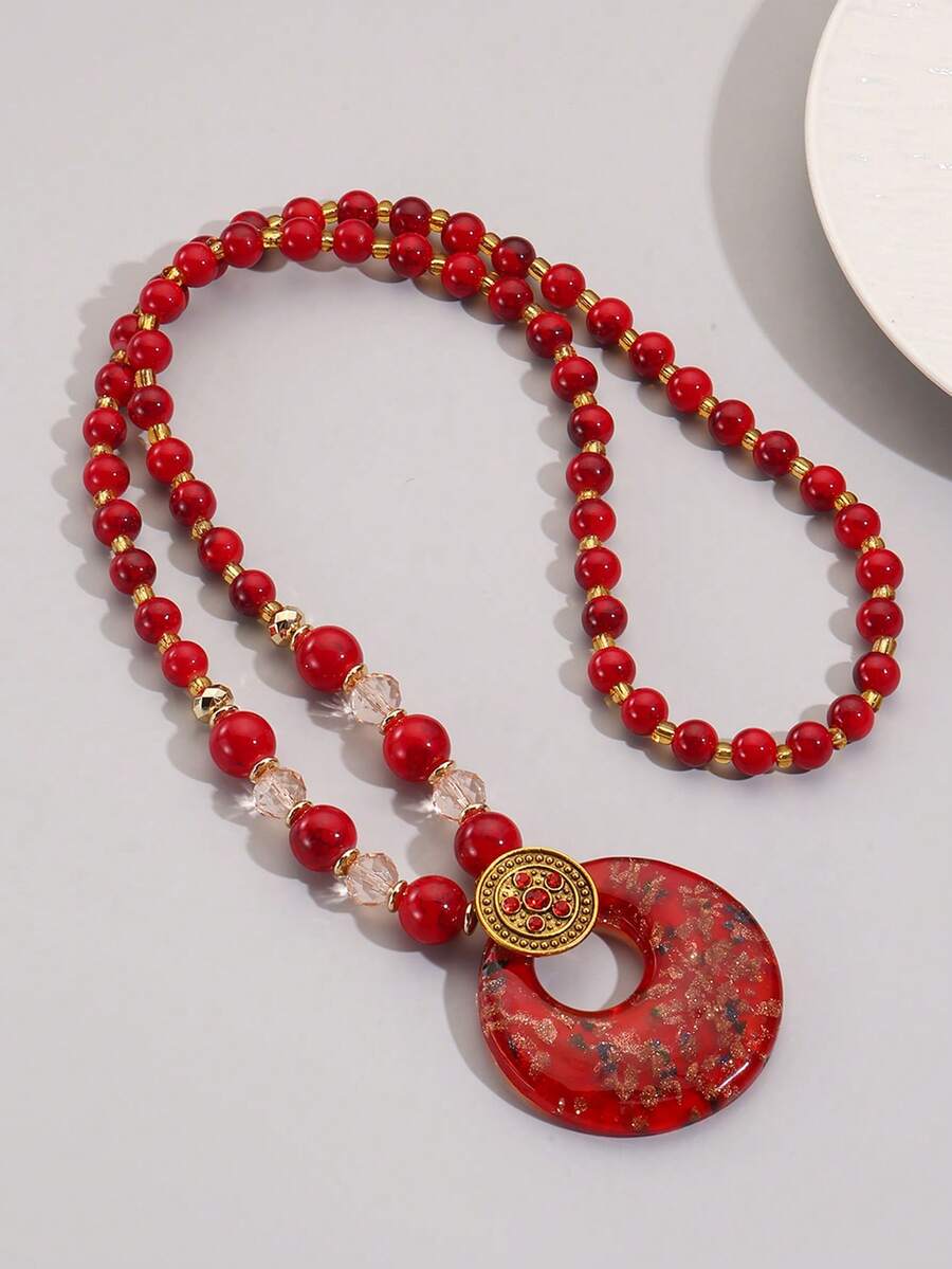 1 chiếc vòng cổ hạt thủy tinh Bohemian thời trang, thích hợp làm quà tặng ngày lễ cho phụ nữ - Đỏ - Xem 1