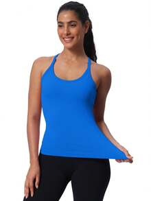 Workout Tank Tops For Women Built In Shelf Bras Padded -Racerback Athletic Tank Tops Ribbed Yoga Shirts - Klein Blue - View 4