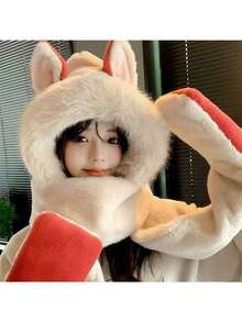 三件套：冬季保暖毛绒狐狸耳朵帽、围巾和面罩，防风保暖，适合骑行 - 彩色 - 查看 2